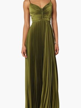 Petal & Pup Olive Green Ruched Bodice Pleated Maxi Dress
